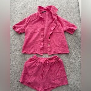 SHEIN Pink Button Down Shirt and Shorts Set